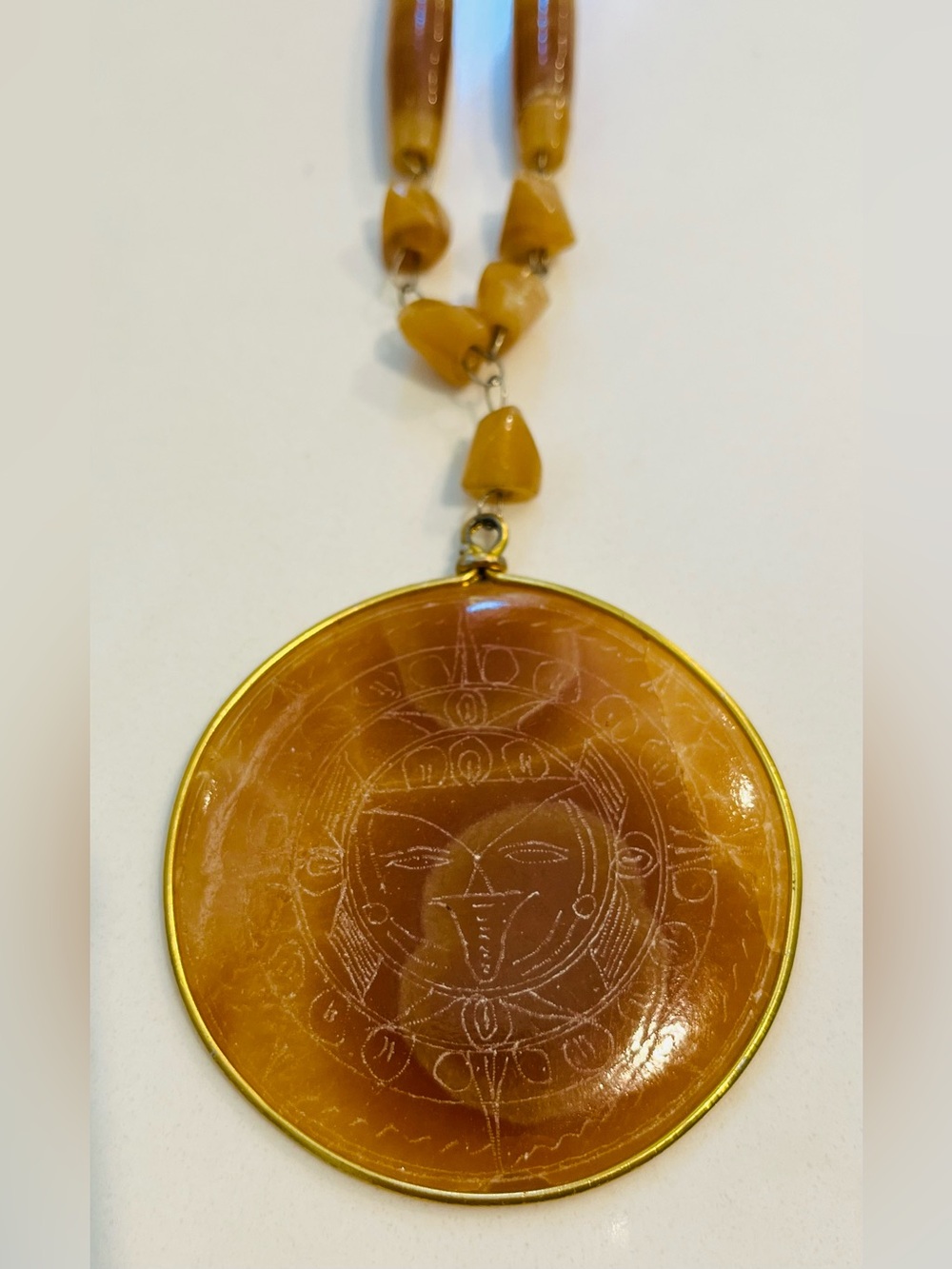 Carved  32” Agate Aztec Mayan Calendar Pendant  Art Stoned Necklace 70s